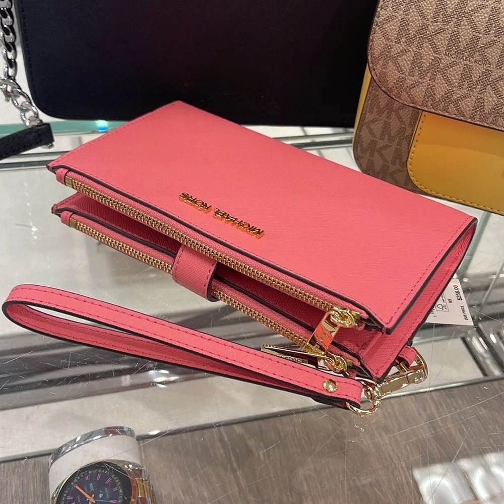MICHAEL KORS LARGE DOUBLE ZIP WRISTLET WALLET PHONE CASE CLUTCH Tea Rose NWT